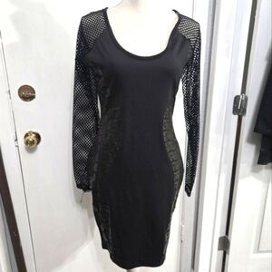 Nicki Minaj Black Mesh Sleeve Dress Bodycon Side Print Detail Sz Large